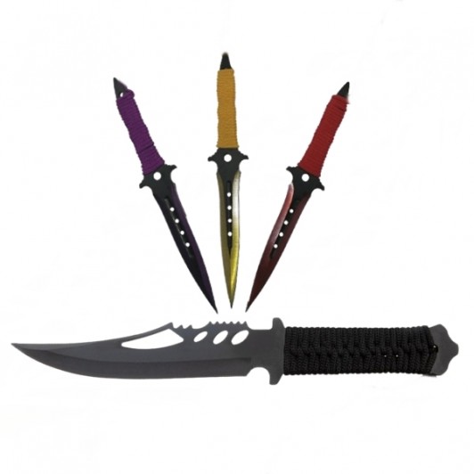 Set Cutit de vanatoare Extreme Battle si trei cutite de aruncat, Ninja Assasin, otel i Set Cutit de vanatoare Extreme Battle si trei cutite de aruncat, Ninja Assasin, otel i