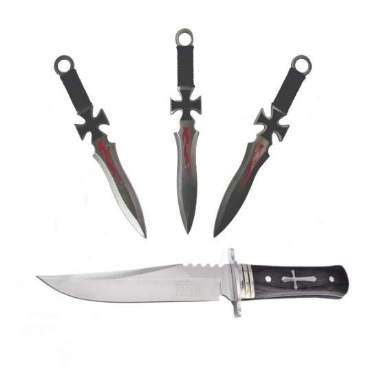 Cutit de vanatoare Tang Hunter si 3 Cutite de aruncat, 28 cm, Otel inoxidabil