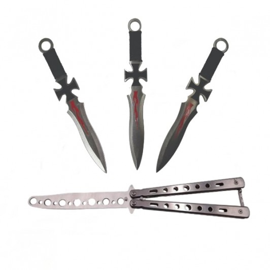 Set Briceag fluture si 3 Cutite de aruncat , DEPOX® , Otel inoxidabil Set Briceag fluture si 3 Cutite de aruncat , DEPOX® , Otel inoxidabil