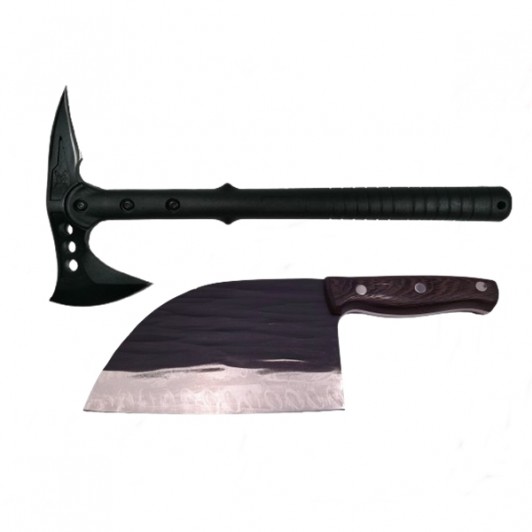 Set Topor Pirate Skull, 39 cm si Cutit Wave Blade, 30 cm, otel inoxidabil, negru Set Topor Pirate Skull, 39 cm si Cutit Wave Blade, 30 cm, otel inoxidabil, negru
