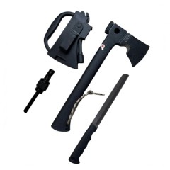 Topor tactic de vanatoare cu amnar,cutit si fluier, 35,5 cm , teaca inclusa Topor tactic de vanatoare cu amnar,cutit si fluier, 35,5 cm , teaca inclusa