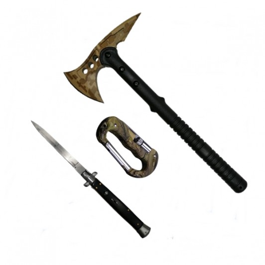 Set Topor, Carabina multifunctionala si Briceag automat, Otel, Negru Set Topor, Carabina multifunctionala si Briceag automat, Otel, Negru