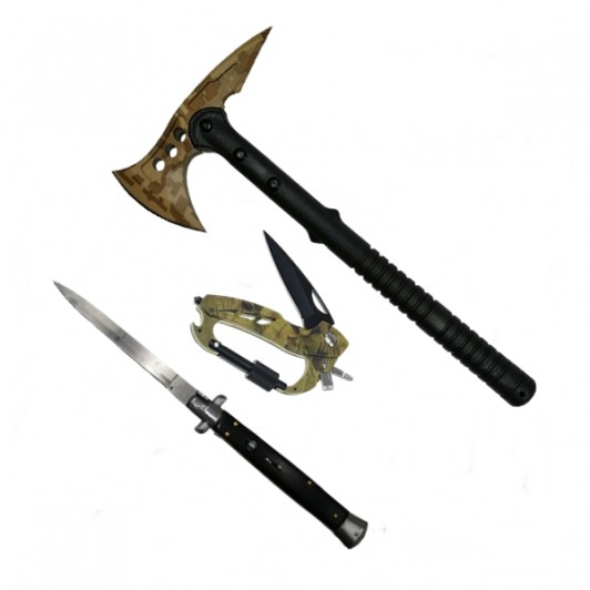 Set Topor, Carabina multifunctionala 6 in 1 si Briceag automat, Otel, Negru Set Topor, Carabina multifunctionala 6 in 1 si Briceag automat, Otel, Negru