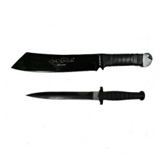 Set Cutit de vanatoare cu doua taisuri si Maceta Rambo, Otel inoxidabil, Negru Set Cutit de vanatoare cu doua taisuri si Maceta Rambo, Otel inoxidabil, Negru