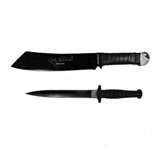 Set Cutit de vanatoare cu doua taisuri si Maceta Rambo, Otel inoxidabil, Negru Set Cutit de vanatoare cu doua taisuri si Maceta Rambo, Otel inoxidabil, Negru