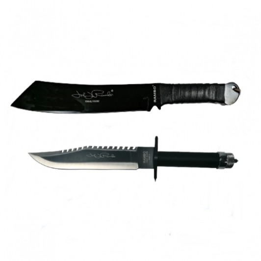 Set Cutit de vanatoare First Blood si Maceta Rambo,  Otel inoxidabil, Teaca inclusa