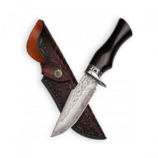 Cutit de vanatoare, Fixed Blade, Husa Piele, Otel Damasc, Negru Cutit de vanatoare, Fixed Blade, Husa Piele, Otel Damasc, Negru