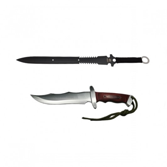 Set sabie si cutit de vanatoare,   Steel Wolf, otel inoxidabil, 31 cm, argintiu