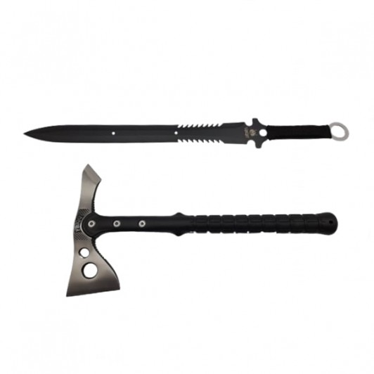 Set topor si sabie de vanatoare, DEPOX®, argintiu, 38 cm, teaca inclusa Set topor si sabie de vanatoare, DEPOX®, argintiu, 38 cm, teaca inclusa