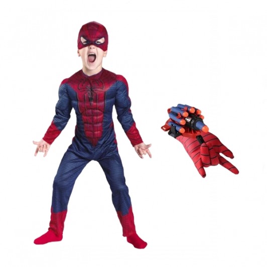 Set costum Spiderman cu muschi si manusa lansator cu 7 ventuze din burete ,  marime M