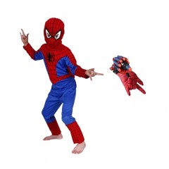 Set costum si manusa lansator cu 7 ventuze din burete SpiderMan, marime 3 - 5 ani, rosu