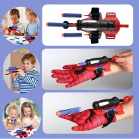 Set costum cu muschi  si manusa dispozitiv cu 7 ventuze din burete, Spiderman, 3-5 ani, rosu