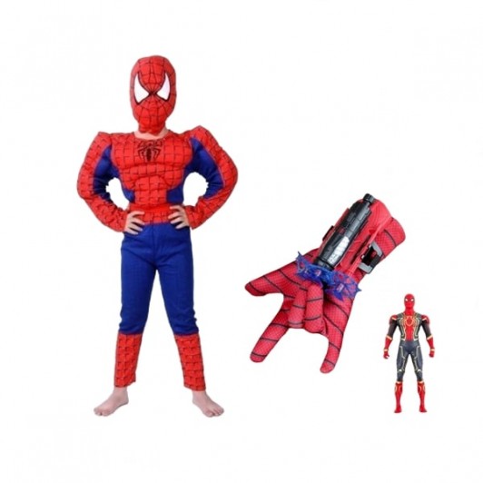 Set costum cu muschi, manusa cu ventuze si figurina Spiderman, 7-9 ani Set costum cu muschi, manusa cu ventuze si figurina Spiderman, 7-9 ani