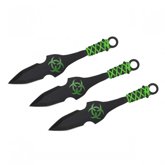 Set trei cutite de aruncare, verde, 16.5 cm, teaca inclusa