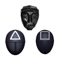 Set trei masti pentru carnaval, Squid Game, Triunghi, Patrat, Lider, Negru Set trei masti pentru carnaval, Squid Game, Triunghi, Patrat, Lider, Negru