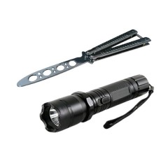 Set Electrosoc Lanterna tip Police 1000KV si Briceag fluture de antrenamen, 22 cm, argintiu Set Electrosoc Lanterna tip Police 1000KV si Briceag fluture de antrenamen, 22 cm, argintiu