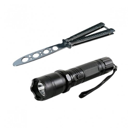 Set Electrosoc Lanterna tip Police 1000KV si Briceag fluture de antrenamen, 22 cm, argintiu Set Electrosoc Lanterna tip Police 1000KV si Briceag fluture de antrenamen, 22 cm, argintiu