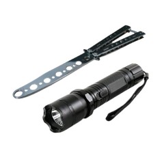 Set Electrosoc Lanterna tip Police 1000KV si Briceag fluture de antrenament, 22.5 cm, argintiu Set Electrosoc Lanterna tip Police 1000KV si Briceag fluture de antrenament, 22.5 cm, argintiu