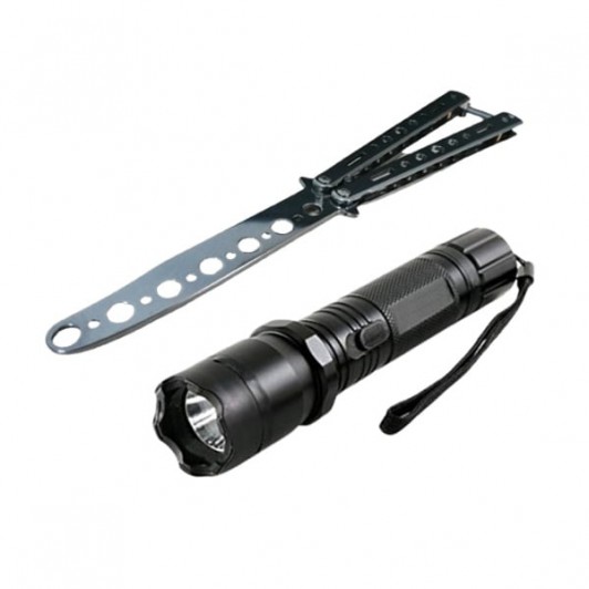 Set Electrosoc Lanterna tip Police 1000KV si Briceag fluture de antrenament, 22.5 cm, argintiu Set Electrosoc Lanterna tip Police 1000KV si Briceag fluture de antrenament, 22.5 cm, argintiu