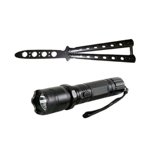 Set Electrosoc Lanterna tip Police 1000KV si Briceag fluture basic, 22 cm, argintiu Set Electrosoc Lanterna tip Police 1000KV si Briceag fluture basic, 22 cm, argintiu