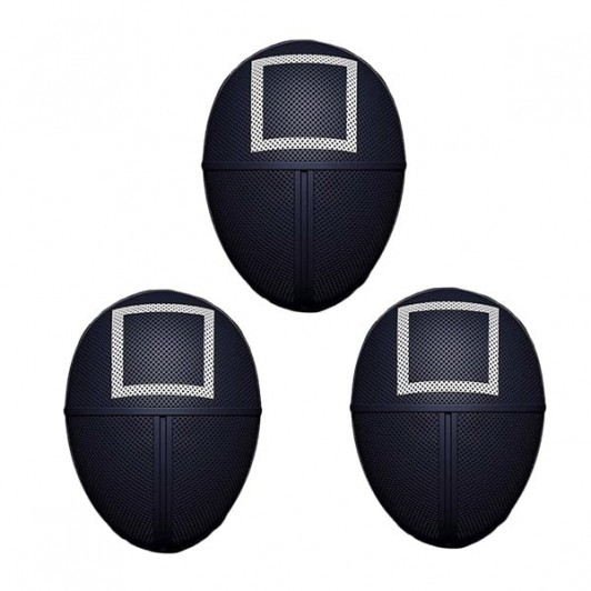 Set trei masti pentru carnaval, Squid Game, Patrat, Negru Set trei masti pentru carnaval, Squid Game, Patrat, Negru