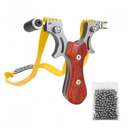 Set prastie cu lase, Sling Queen, metalic, 11.5 cm, cu boloboc, maner lemn, maro si 100 bile de 9 mm