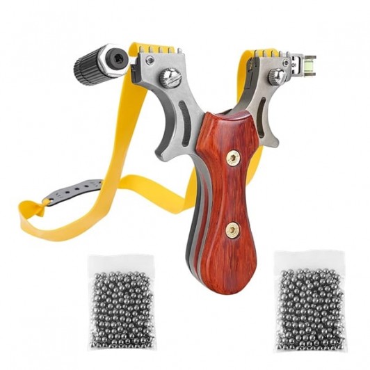 Set prastie cu lase, Sling Queen, metalic, 11.5 cm, cu boloboc, maner lemn, maro si 200 bile de 9 mm