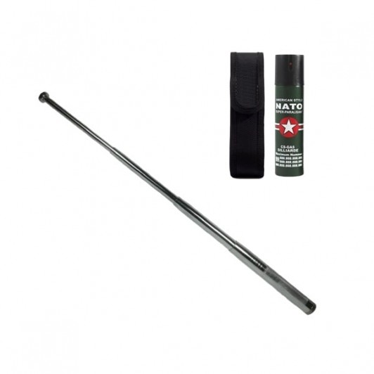 Set baston telescopic din otel si spray paralizant , 90 ml, argintiu, 77 cm, 4 sectiuni , husa inclu