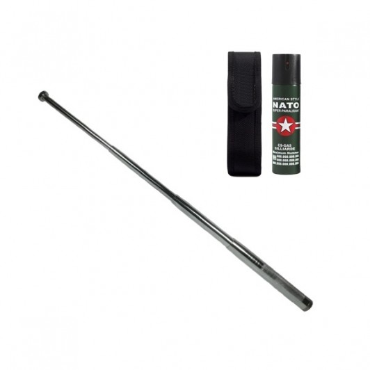 Set baston telescopic din otel si spray paralizant , 110 ml, argintiu, 77 cm, 4 sectiuni , husa incl