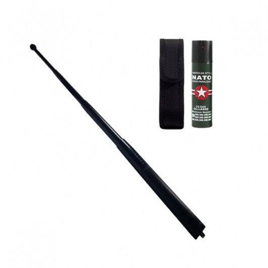 Set baston telescopic din otel si spray paralizant , 110 ml, negru, 77 cm, 4 sectiuni , husa inclusa