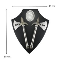 Panoplie in forma de scut cu doua topoare, lemn, 55 cm, negru Panoplie in forma de scut cu doua topoare, lemn, 55 cm, negru