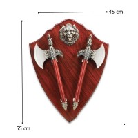 Panoplie in forma de scut cu doua topoare, emblema tigru, lemn, 55 cm, visiniu