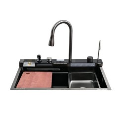 Chiuvetă bucătărie multifuncțională, Duș Extractabil, Tocător Lemn, LCD Temperatură, 2 Jeturi Apă, N