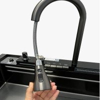 Chiuvetă bucătărie multifuncțională, Duș Extractabil, Tocător Lemn, LCD Temperatură, 2 Jeturi Apă, N