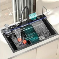Chiuvetă bucătărie multifuncțională, Duș Extractabil, Tocător Lemn, LCD Temperatură, 2 Jeturi Apă, N