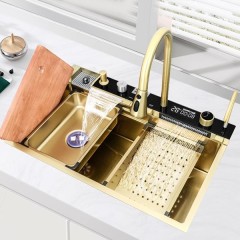Chiuvetă bucătărie multifuncțională, Duș Extractabil, Tocător Lemn, LCD Temperatură, 2 Jeturi Apă, A