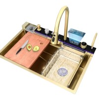 Chiuvetă bucătărie multifuncțională, Duș Extractabil, Tocător Lemn, LCD Temperatură, 2 Jeturi Apă, A