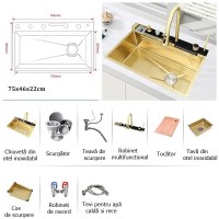 Chiuvetă bucătărie multifuncțională, Duș Extractabil, Tocător Lemn, LCD Temperatură, 2 Jeturi Apă, A