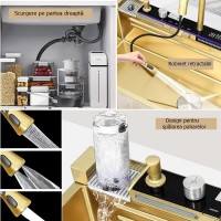 Chiuvetă bucătărie multifuncțională, Duș Extractabil, Tocător Lemn, LCD Temperatură, 2 Jeturi Apă, A