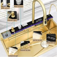 Chiuvetă bucătărie multifuncțională, Duș Extractabil, Tocător Lemn, LCD Temperatură, 2 Jeturi Apă, A