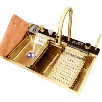 Chiuvetă bucătărie multifuncțională, Duș Extractabil, Tocător Lemn, LCD Temperatură, 2 Jeturi Apă, A