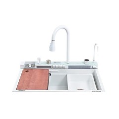 Chiuvetă bucătărie multifuncțională, Duș Extractabil, Tocător Lemn, LCD Temperatură, 2 Jeturi Apă, A