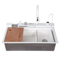 Chiuvetă bucătărie multifuncțională, Duș Extractabil, Tocător Lemn, LCD Temperatură, 2 Jeturi Apă, A