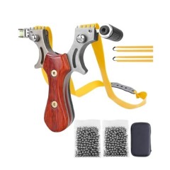 Set prastie metalica cu laser si 200 bile metalice 10 mm, 12 cm, boloboc, maner lemn, maro, husa inc