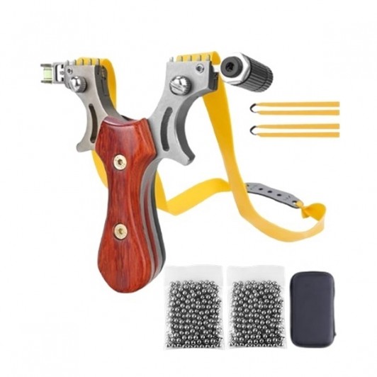 Set prastie metalica cu laser si 200 bile metalice 10 mm, 12 cm, boloboc, maner lemn, maro, husa inc