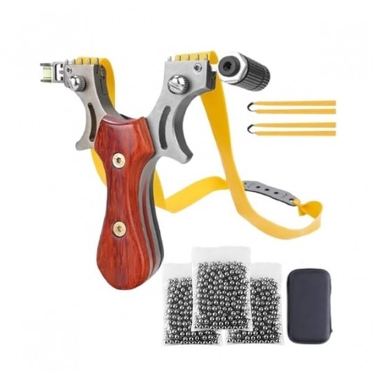 Set prastie metalica cu laser si 300 bile metalice 10 mm, 12 cm, boloboc, maner lemn, maro, husa inc