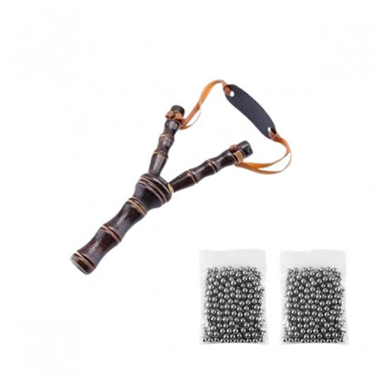Set praștie din lemn si 200 bile metalice 7 mm pentru airsoft si prastie, 19 cm, Maro