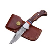 Cuțit de buzunar otel damasc, 17 cm, pliere cu blocare, mâner din lemn, teacă piele inclusă