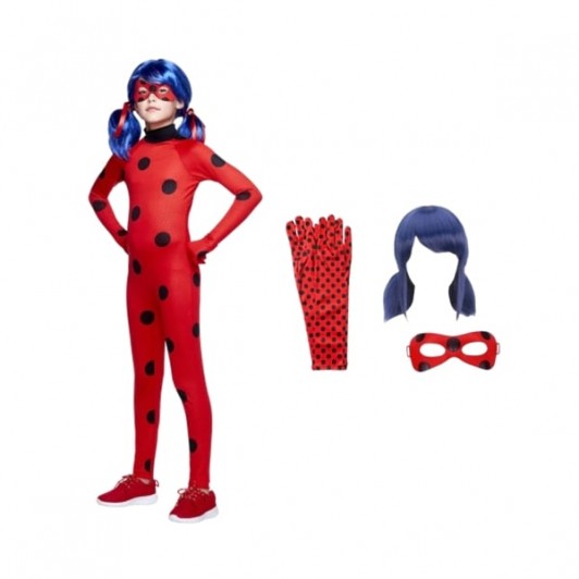 Set costum copii Buburuza – tip combinezon rosu, cu masca, peruca si manusi, marime 110-120 cm, 5-7
