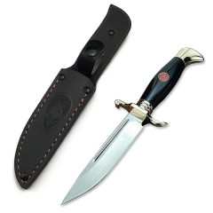 Cutit tactic de vanatoare, teaca din piele naturala, lama 440C, maner acrilic full tang, 26 cm, negr